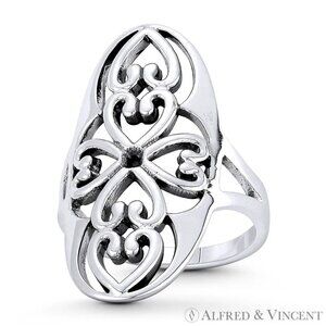 Filigree Swirl Heart Charm Vintage-Style Long Ring in .925 Sterling Silver Sz.7